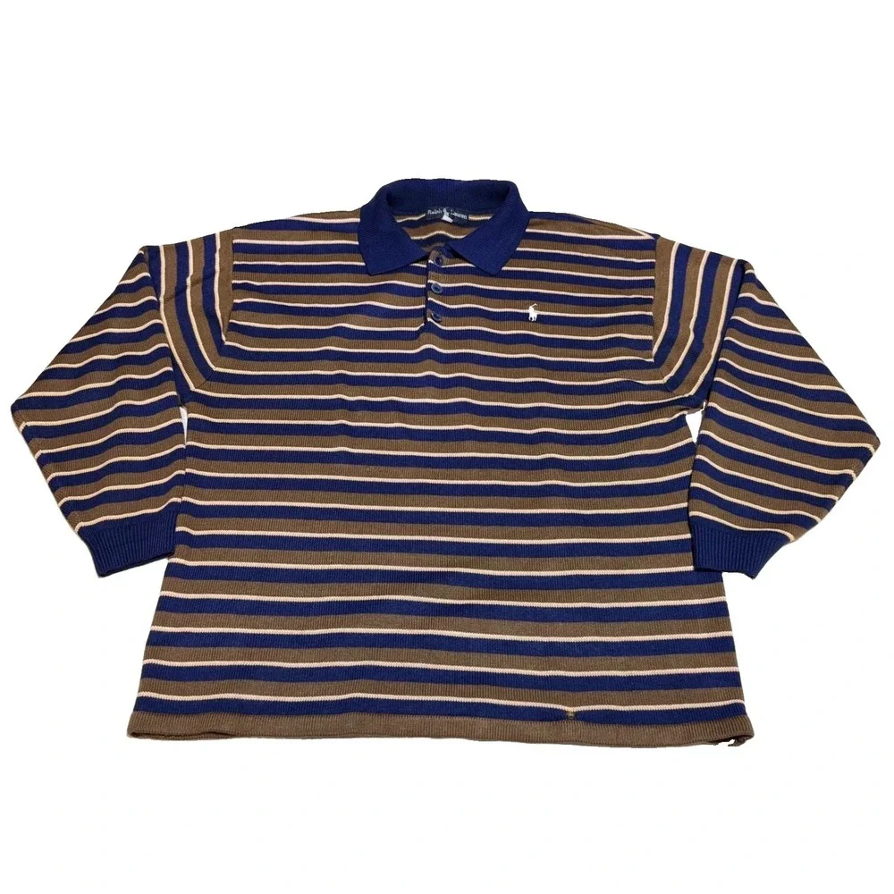 Ralph Lauren Polo black label Sweater L Striped Long Sleeve Knit Navy Brown Mens